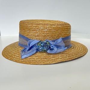 Italian Straw Hat with Blue Flowers & Ribbon